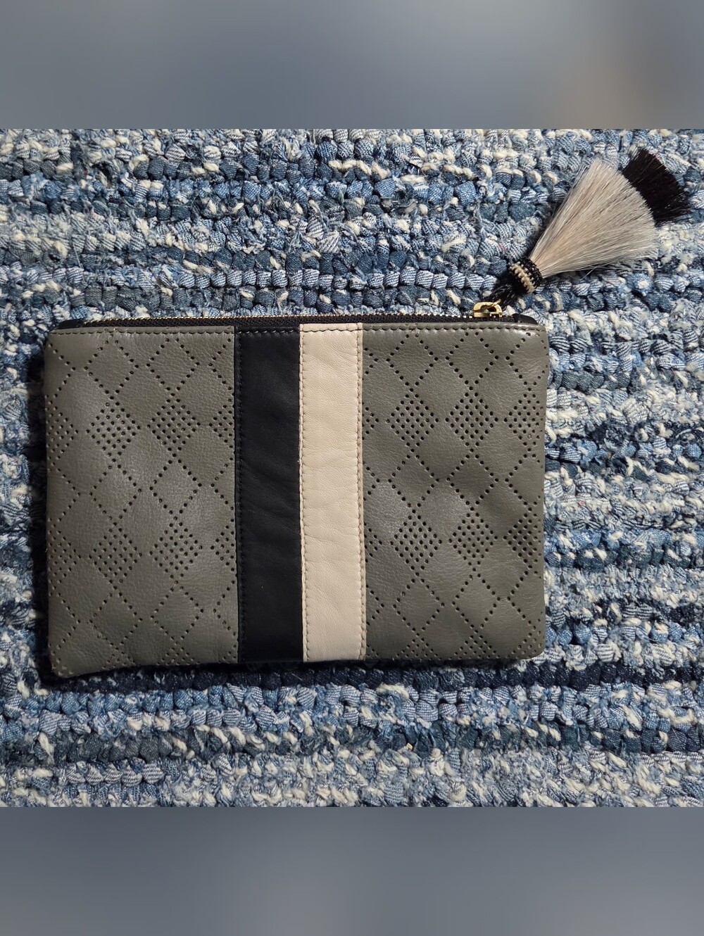 Kempton & Co. Grey Cream & Black Striped Diamond Leather Bag 5.5" by 7.5" $165